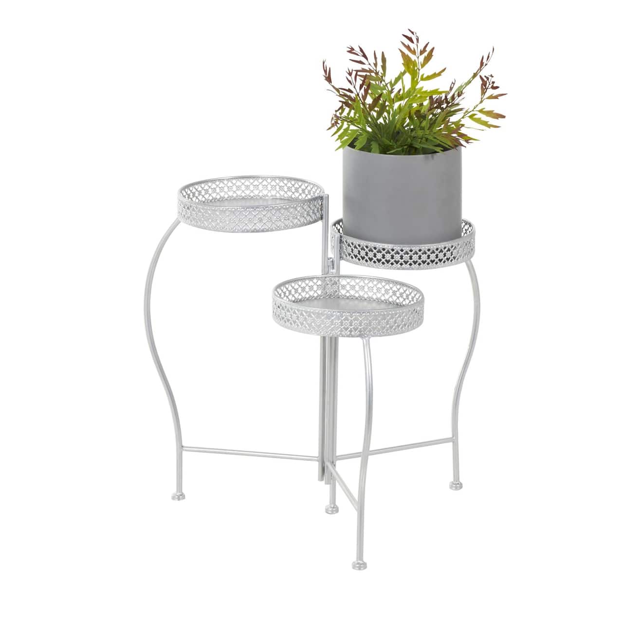 20" Metal Curved Folding 3-Tier Plant Stand with Floral & Scroll Patterns